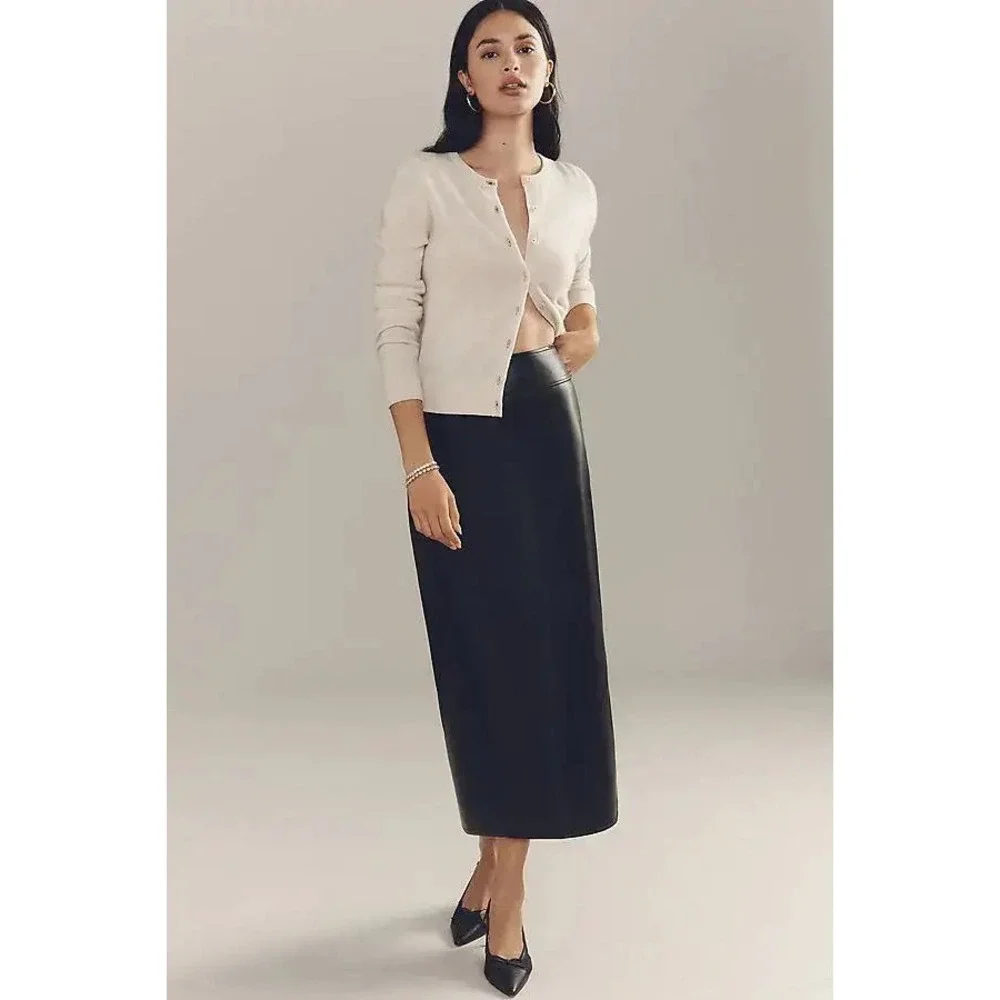 Maeve by Anthropologie Faux Leather Pencil Maxi Skirt Black Size L Boho Grunge